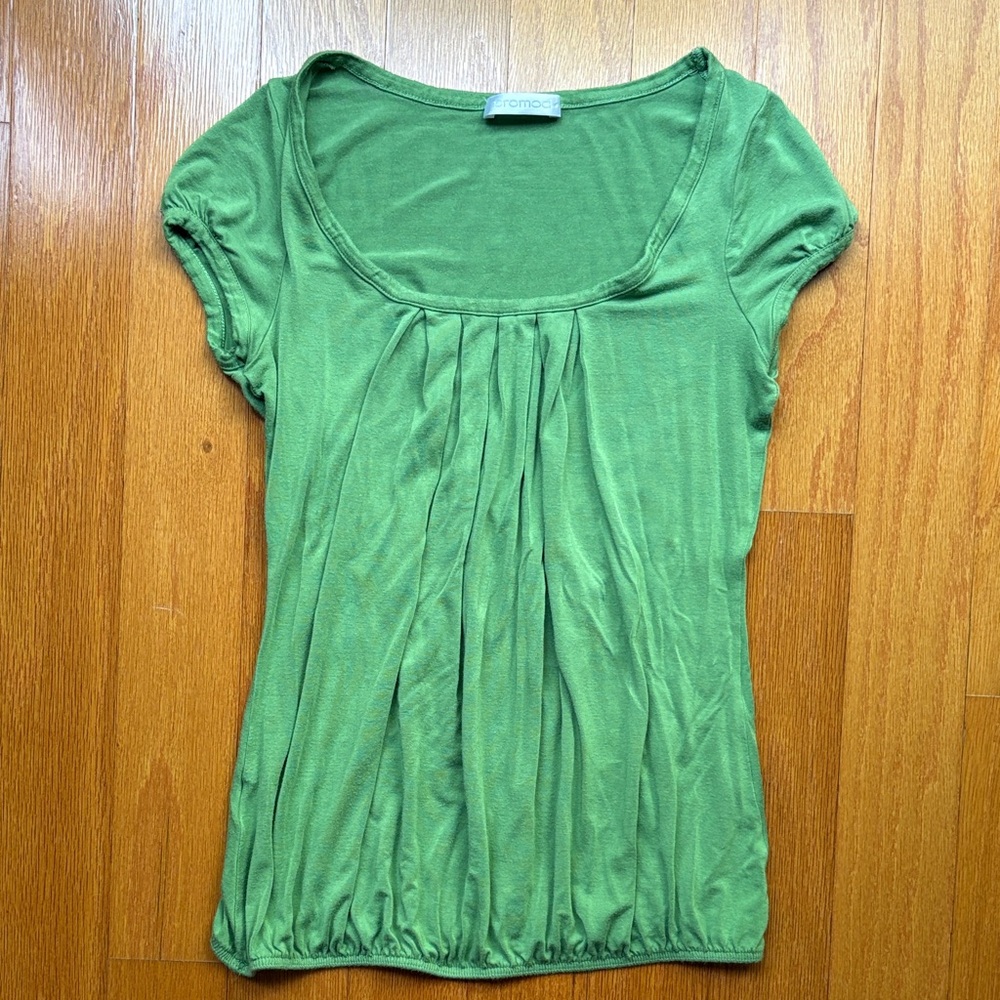 Promod Green Scoop Neck Pleated Short Sleeve Top